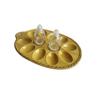*Vintage Ceramic Egg Dish Platter Golden Yellow w 10 Slots Clear Salt and Pepper